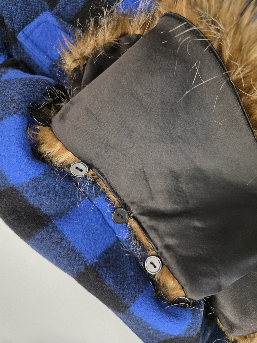 Smythe Wool Black & Electric Blue Buffalo Checks barn jacket with Faux Fur Trim - Picture 9 of 16